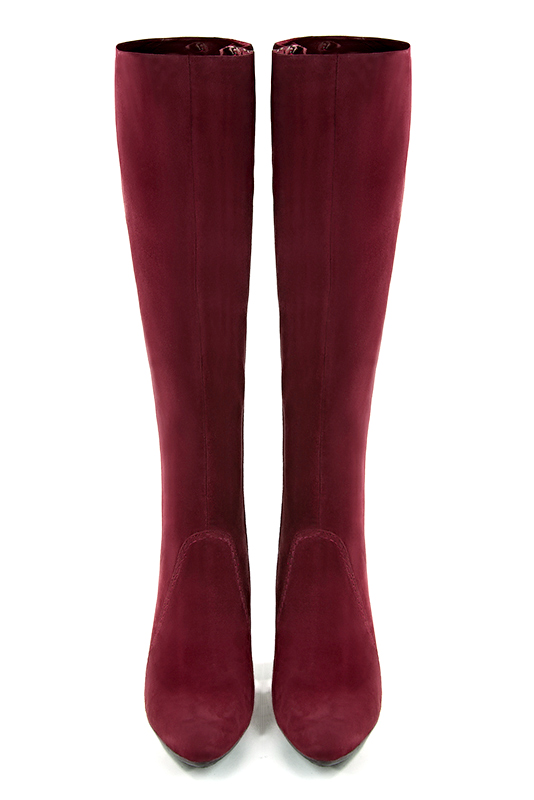 Burgundy red women's feminine knee-high boots. Tapered toe. Very high block heels. Made to measure. Top view - Florence KOOIJMAN